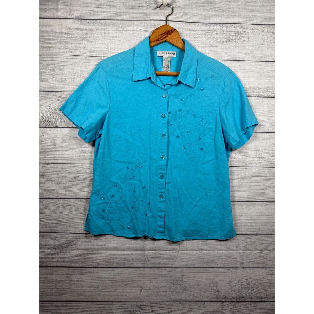 Sag Harbor Petite Women's 12P Turquoise Linen Blend Embroidered 2 Piece Set 4361
